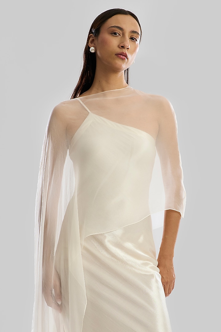 Ivory Mashru Silk One-Shoulder Gown With Overlay by Aroka at Pernia's Pop Up Shop