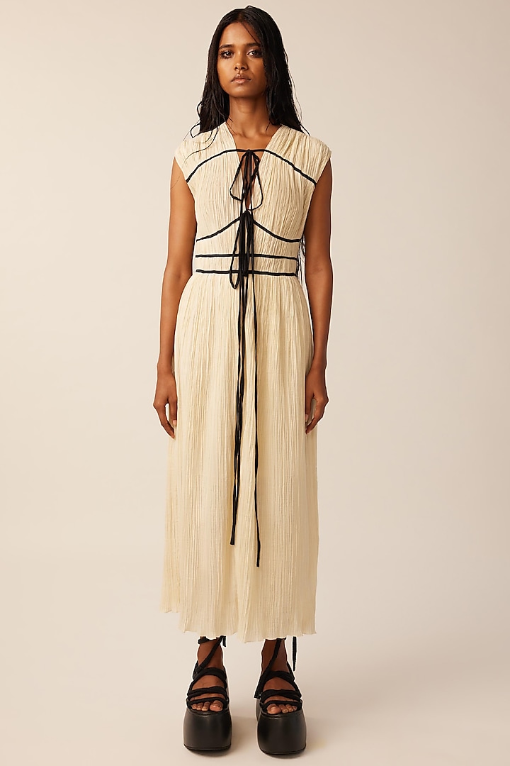 Off-White Muslin Ruched Dress by Aroka