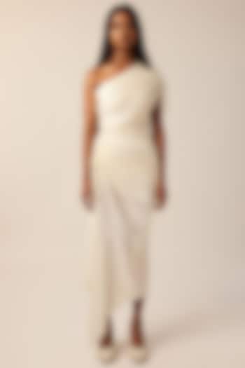 Ivory Vegan Modal Satin Ruched One-Shoulder Dress by Aroka