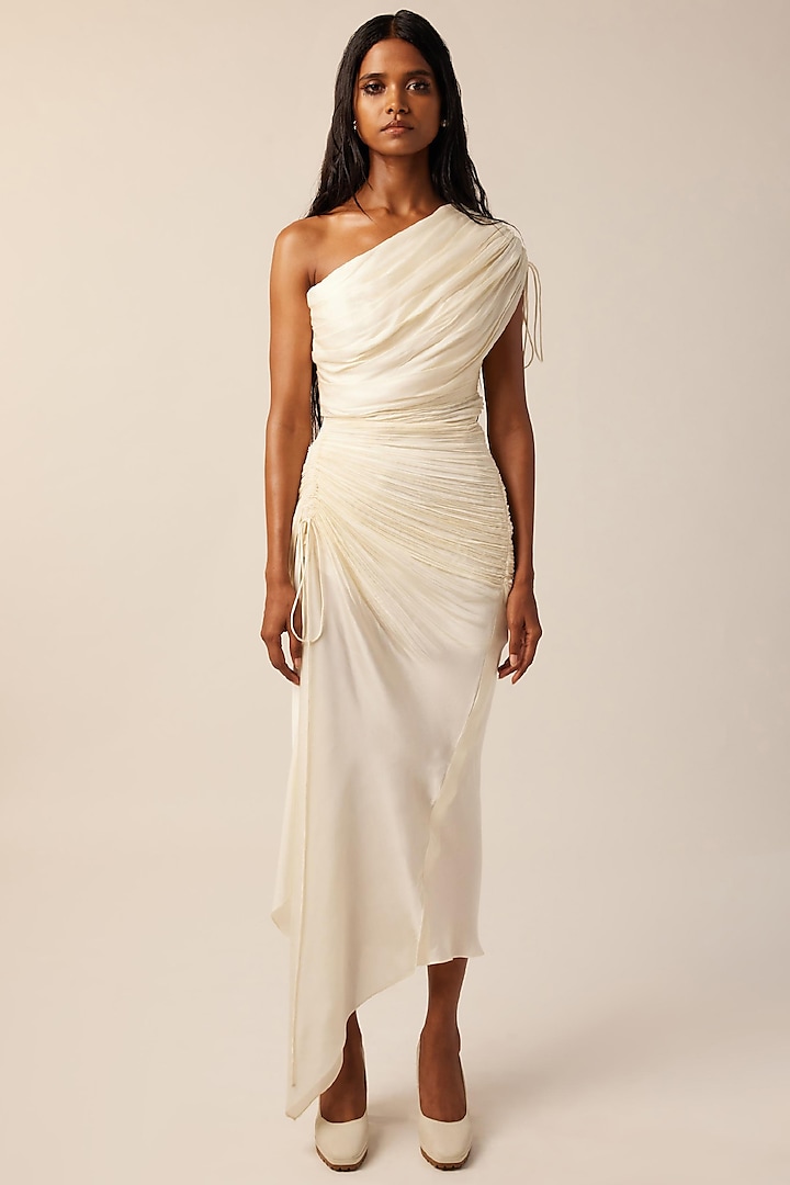 Ivory Vegan Modal Satin Ruched One-Shoulder Dress by Aroka