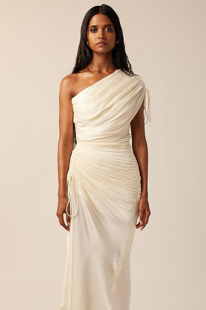 Ivory Vegan Modal Satin Ruched One-Shoulder Cocktail Dress by Aroka at Pernia's Pop Up Shop