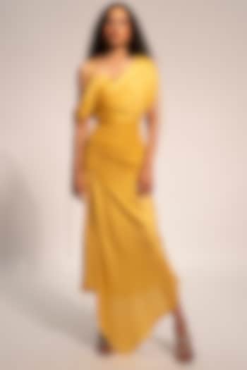 Yellow Modal Satin Draped Dress by Aroka