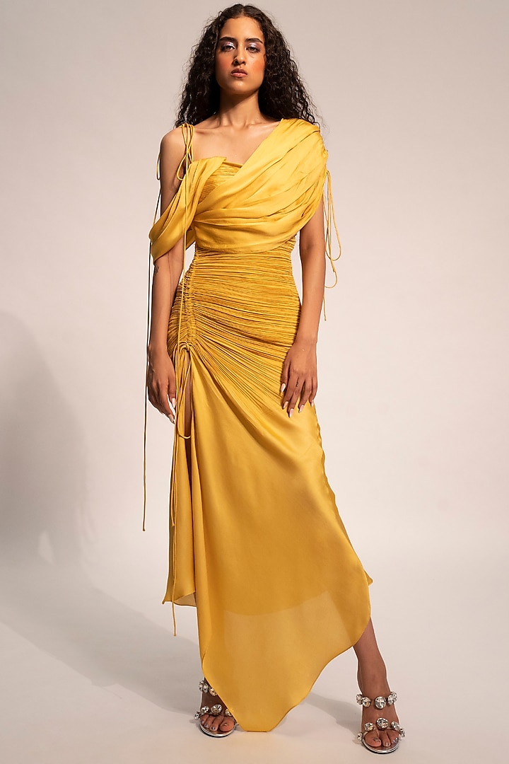 Yellow Modal Satin Draped Dress by Aroka
