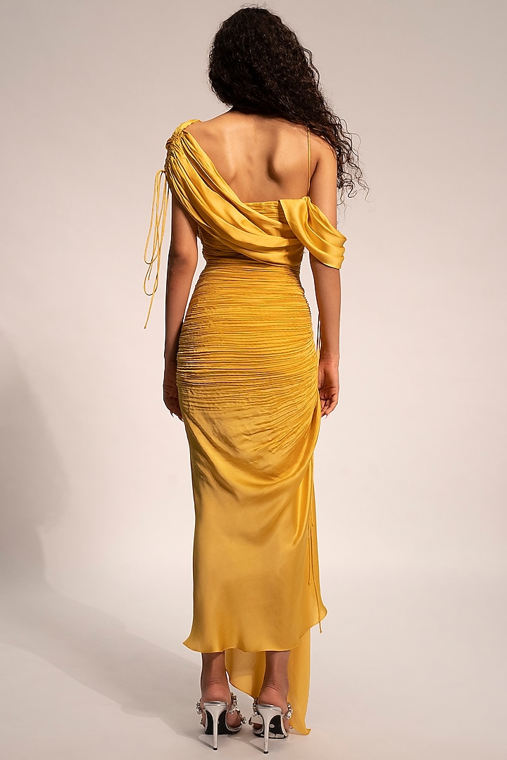 Yellow Modal Satin Draped Cocktail Dress by Aroka at Pernia's Pop Up Shop