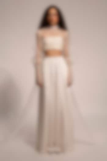 Ivory Modal Satin & Silk Organza Hand Embroidered Ruched Top by Aroka at Pernia's Pop Up Shop