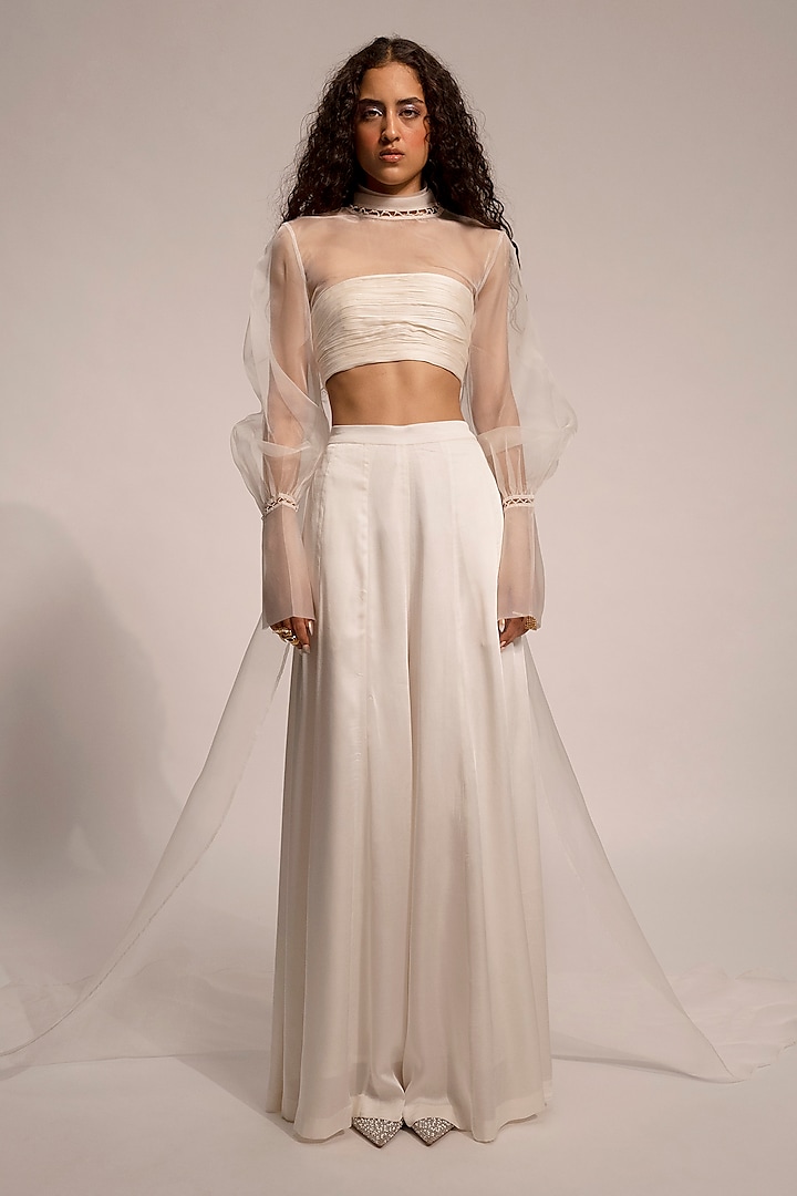 Ivory Modal Satin & Silk Organza Hand Embroidered Ruched Top by Aroka at Pernia's Pop Up Shop