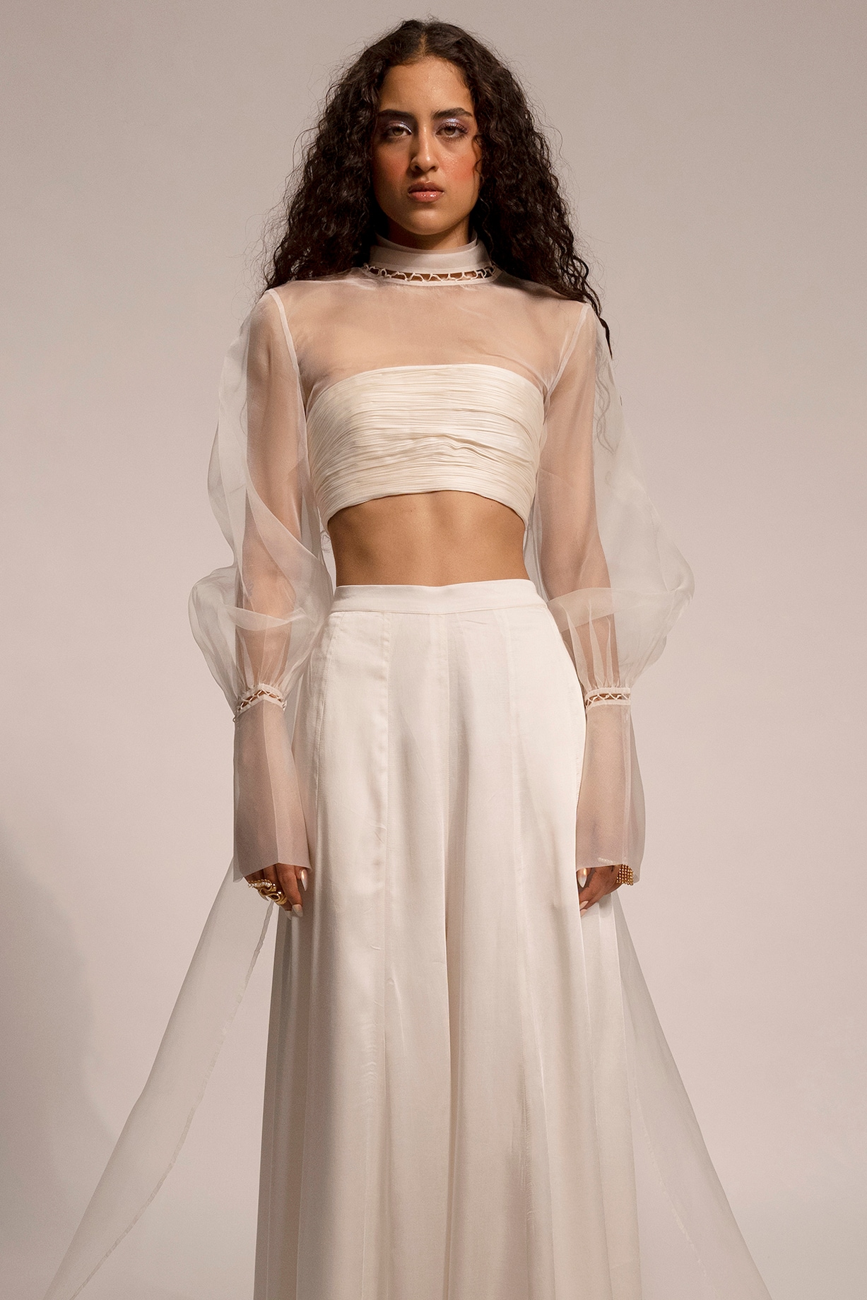 Ivory Modal Satin & Silk Organza Hand Embroidered Ruched Top