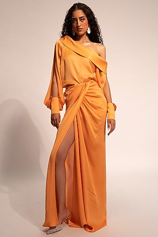 Coral Cream Modal Satin One-Shoulder Top by Aroka