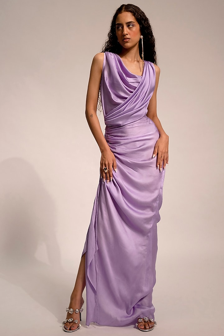 Lavender Modal Satin Draped Summer Dress by Aroka at Pernia's Pop Up Shop