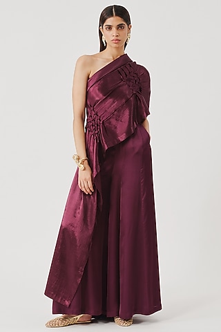 Burgundy Vegan Mashru Hand Embroidered Top by Aroka