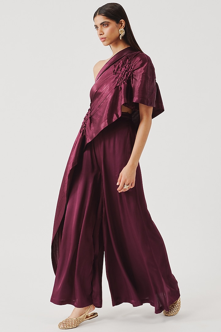 Burgundy Vegan Mashru Hand Embroidered Top by Aroka at Pernia's Pop Up Shop