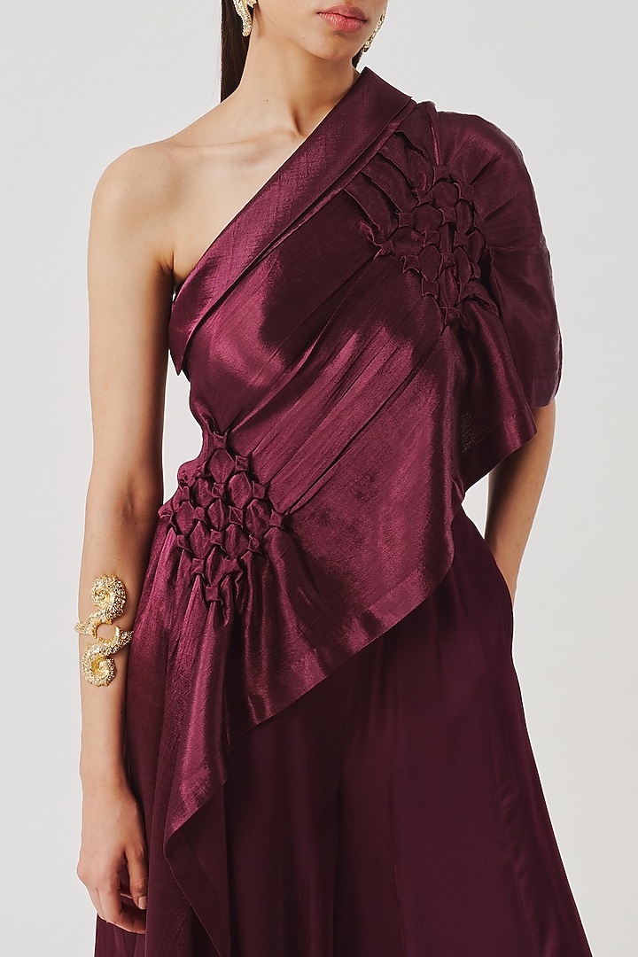Burgundy Vegan Mashru Hand Embroidered Top by Aroka at Pernia's Pop Up Shop