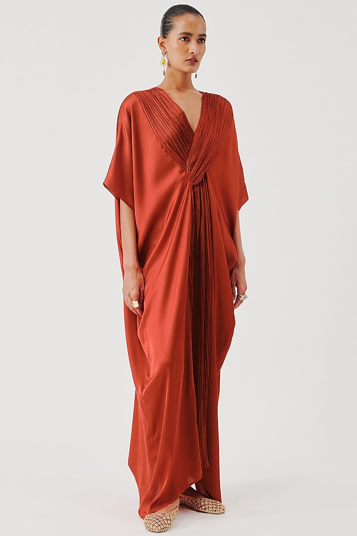 Rust Modal Satin & Wrinkle Chiffon Kaftan by Aroka at Pernia's Pop Up Shop