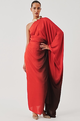 Red & Brown Modal Satin Ombre Kaftan Dress by Aroka