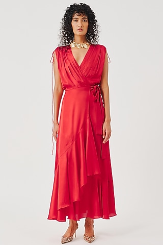 Red Modal Satin Dress by Aroka