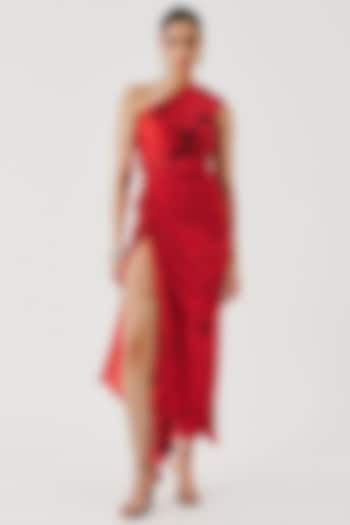 Red & Black Modal Satin Tie-Dye One-Shoulder Cocktail Dress by Aroka at Pernia's Pop Up Shop