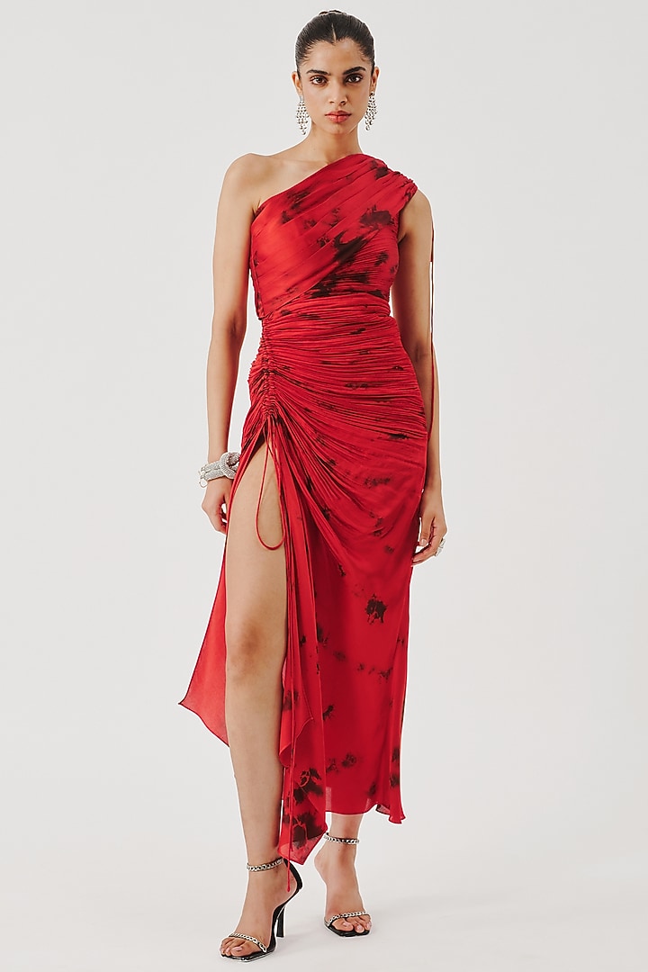Red & Black Modal Satin Tie-Dye One-Shoulder Cocktail Dress by Aroka at Pernia's Pop Up Shop