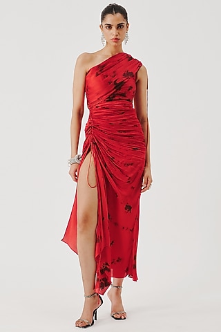 Red & Black Modal Satin Tie-Dye One-Shoulder Dress by Aroka