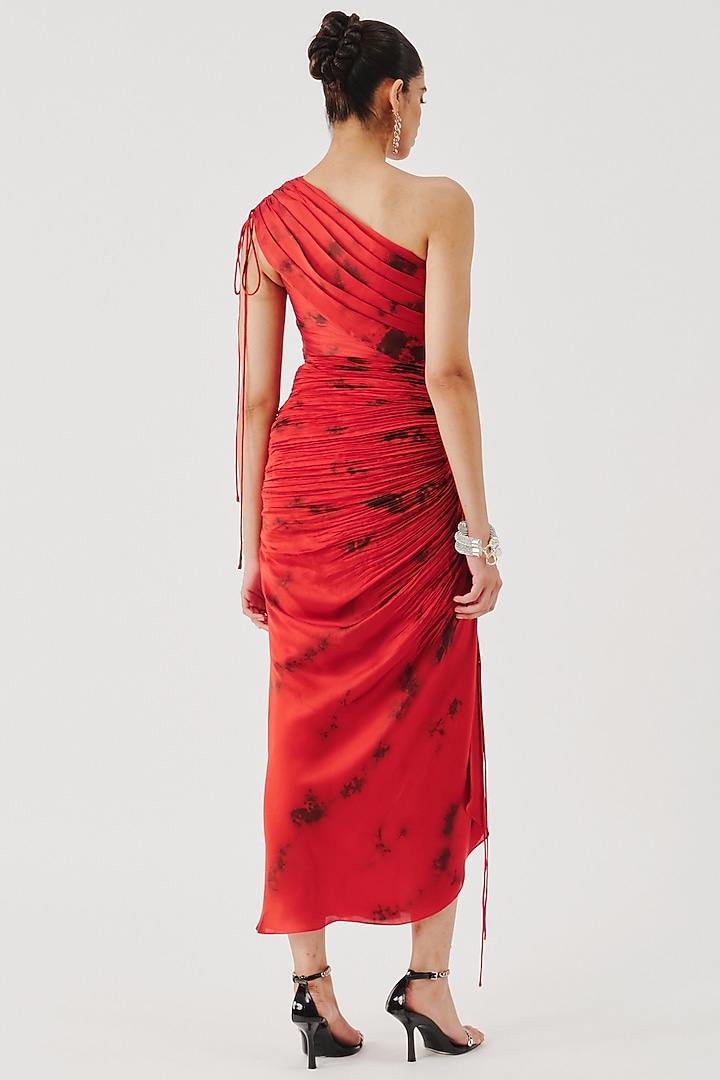 Red & Black Modal Satin Tie-Dye One-Shoulder Cocktail Dress by Aroka at Pernia's Pop Up Shop