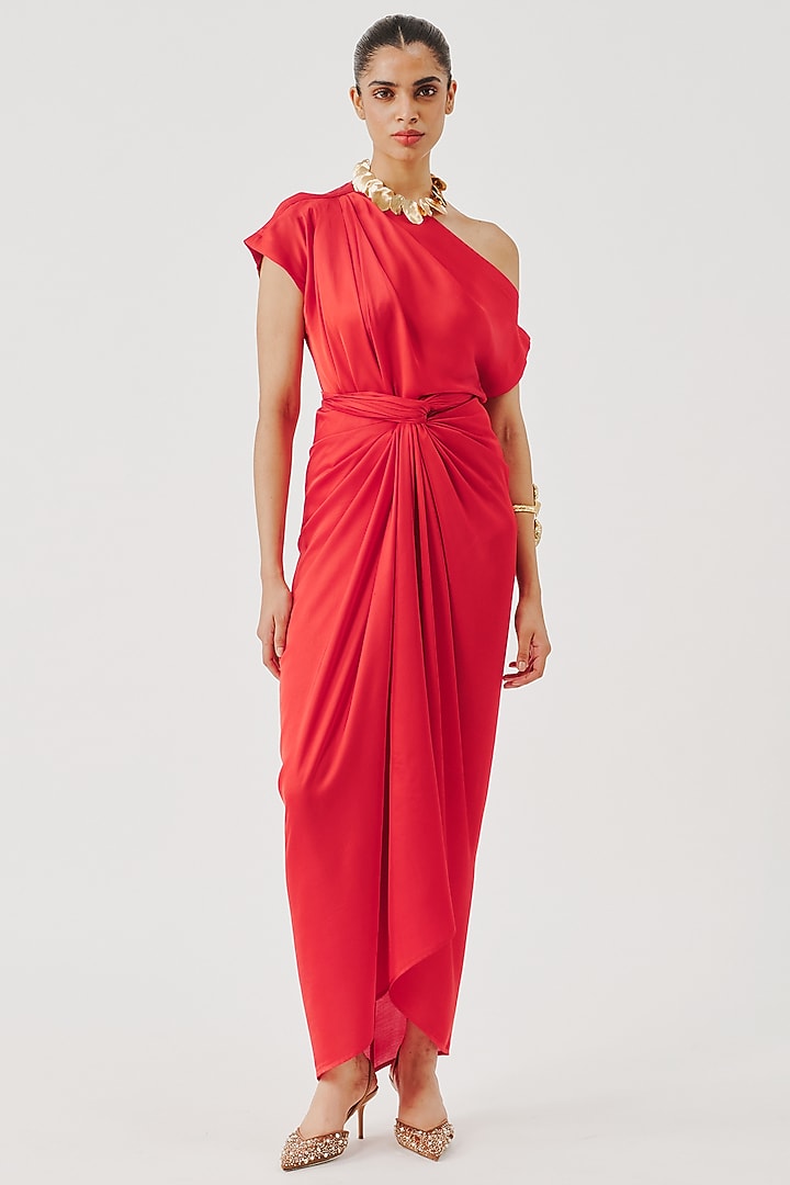 Red Modal Satin Draped Skirt by Aroka at Pernia's Pop Up Shop