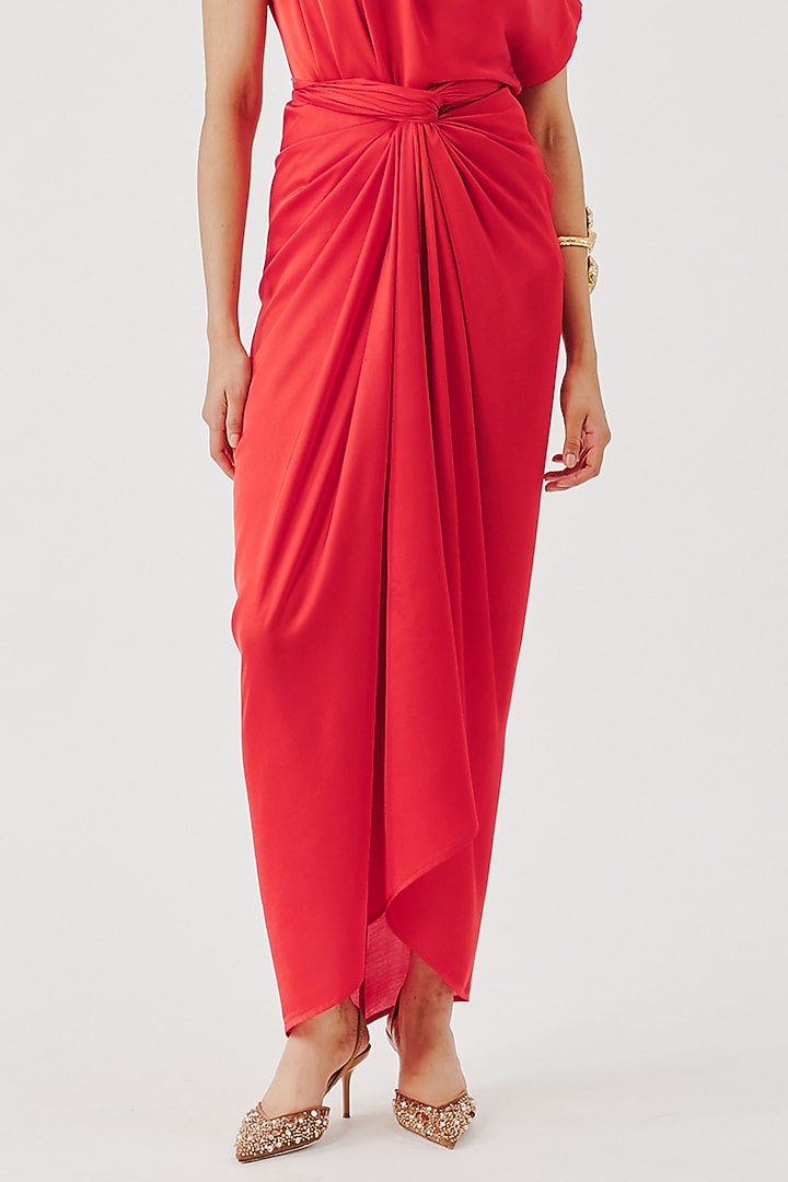 Red Modal Satin Draped Skirt by Aroka at Pernia's Pop Up Shop