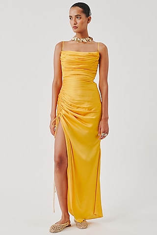 Yellow Modal Satin Bodycon Dress by Aroka