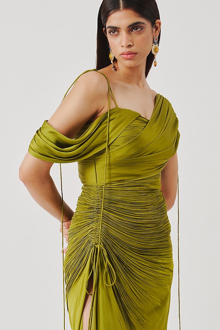 Olive Green Modal Satin Cocktail Dress by Aroka at Pernia's Pop Up Shop