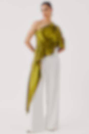 Olive Green Vegan Mashru Hand Embroidered Top by Aroka at Pernia's Pop Up Shop