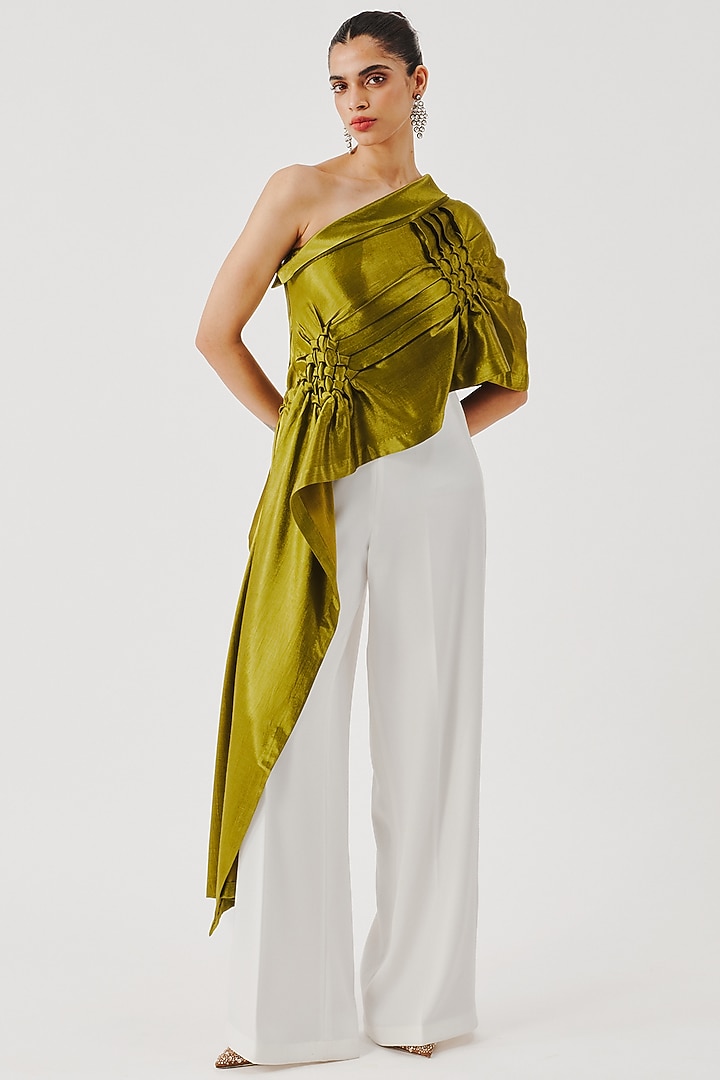 Olive Green Vegan Mashru Hand Embroidered Top by Aroka at Pernia's Pop Up Shop