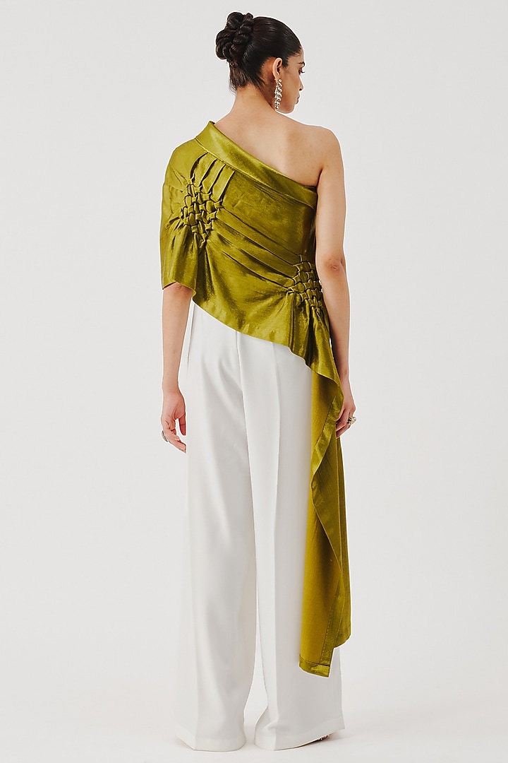 Olive Green Vegan Mashru Hand Embroidered Top by Aroka at Pernia's Pop Up Shop