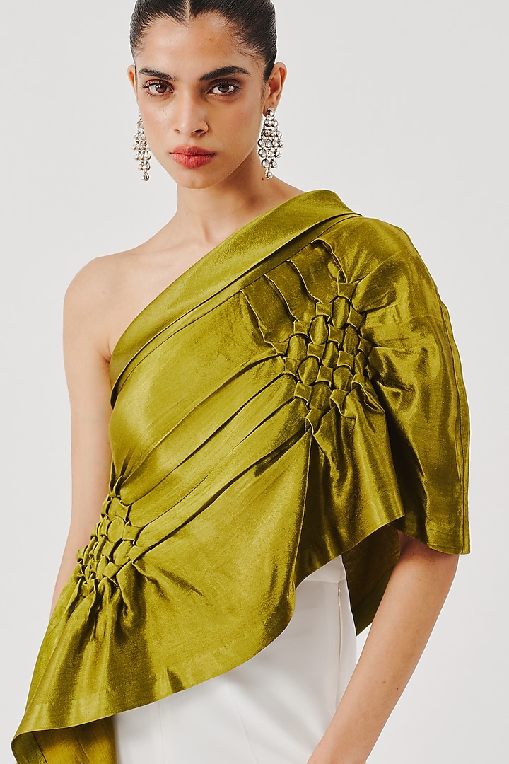 Olive Green Vegan Mashru Hand Embroidered Top by Aroka at Pernia's Pop Up Shop