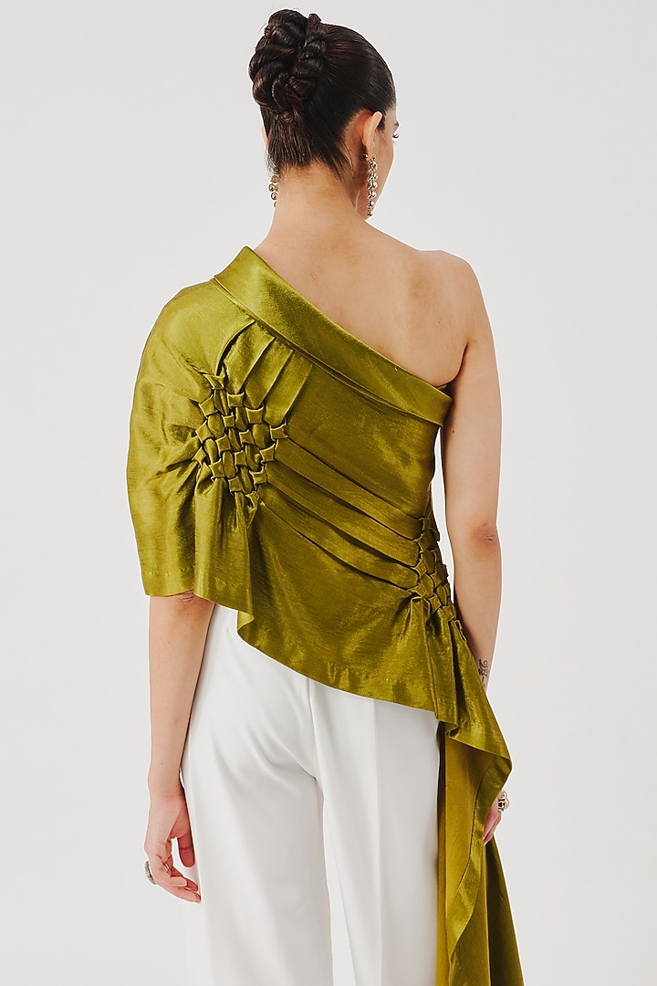 Olive Green Vegan Mashru Hand Embroidered Top by Aroka at Pernia's Pop Up Shop