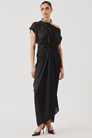 Black Modal Satin One-Shoulder Blouse by Aroka