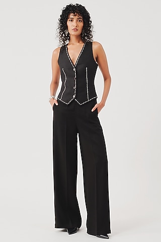 Black Linen Hand Embroidered Waistcoat by Aroka