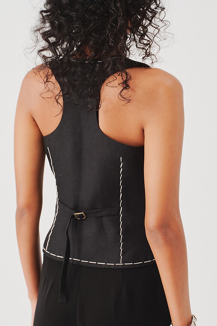 Black Linen Hand Embroidered Waistcoat by Aroka at Pernia's Pop Up Shop