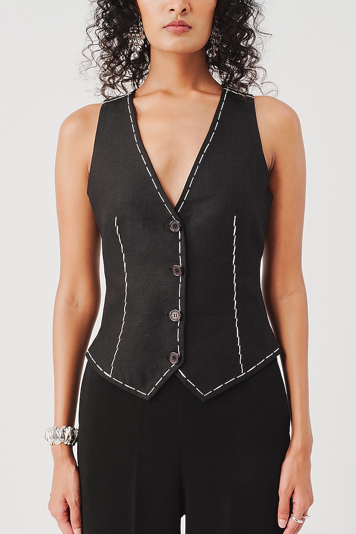 Black Linen Hand Embroidered Waistcoat by Aroka at Pernia's Pop Up Shop