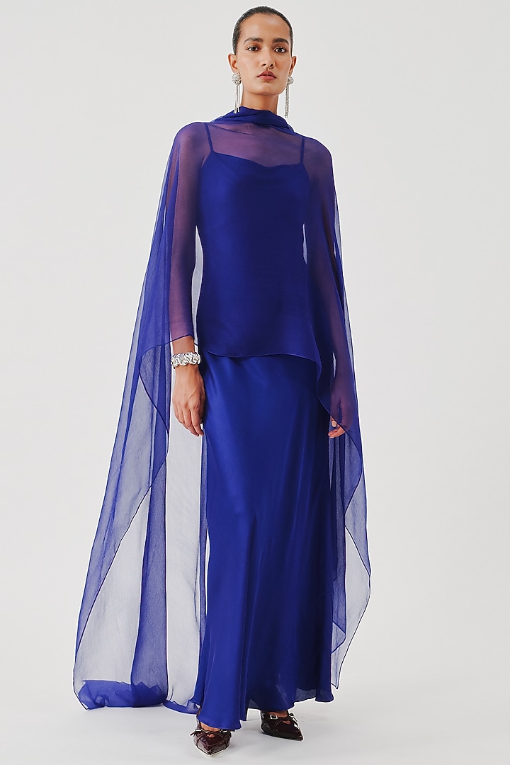Royal Blue Modal Satin Slip Vacation Dress With Scarf by Aroka at Pernia's Pop Up Shop