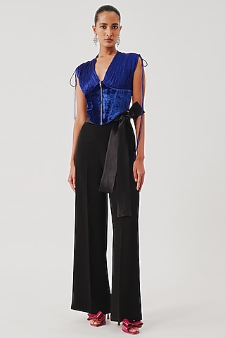 Royal Blue Modal Satin & Velvet Corset Top by Aroka