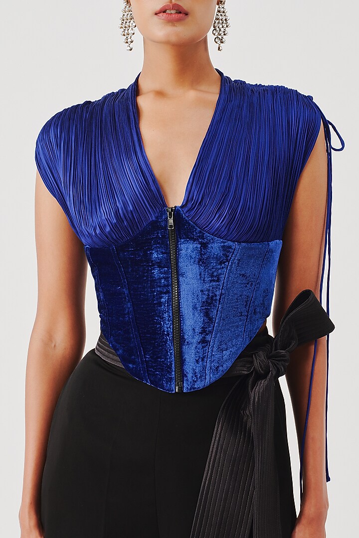 Royal Blue Modal Satin & Velvet Corset Top by Aroka at Pernia's Pop Up Shop