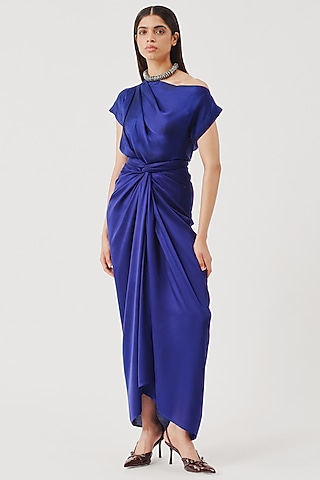 Blue Modal Satin One-Shoulder Blouse by Aroka