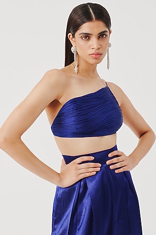 Royal Blue Modal Satin One-Shoulder Crop Top by Aroka