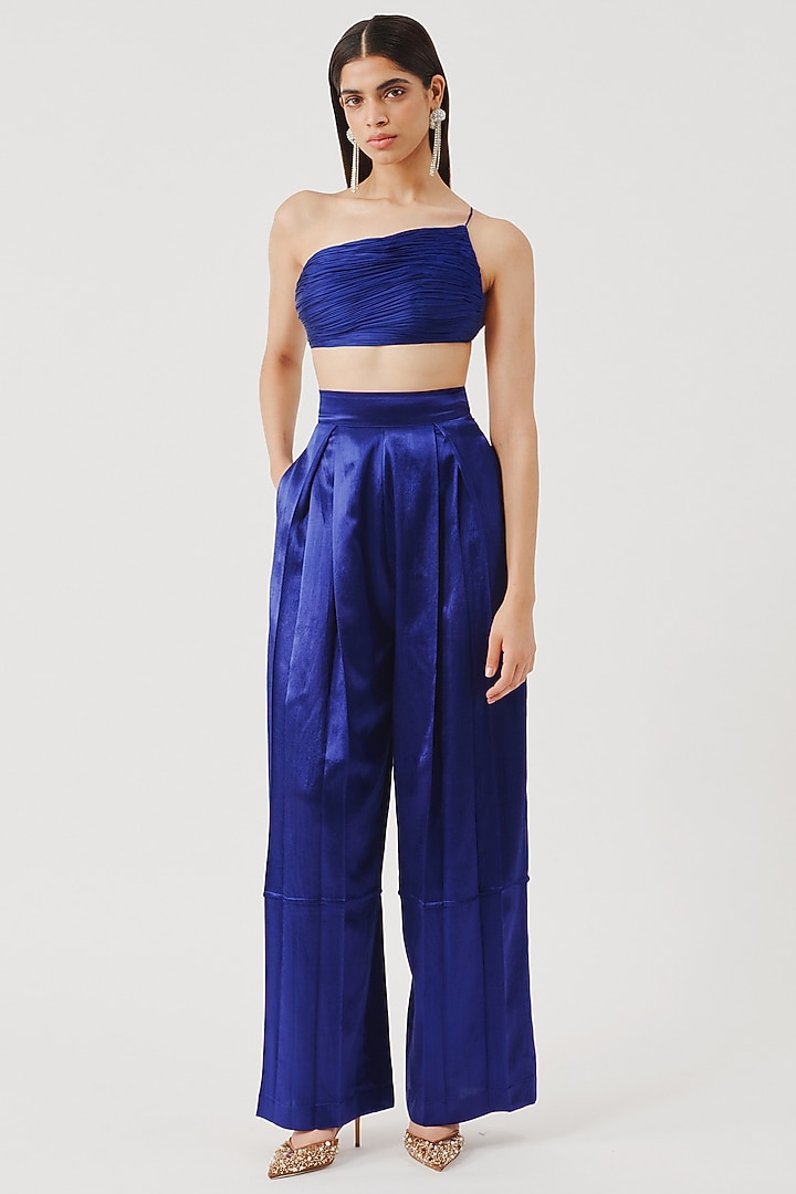 Royal Blue Vegan Mashru High-Waisted Pants by Aroka at Pernia's Pop Up Shop