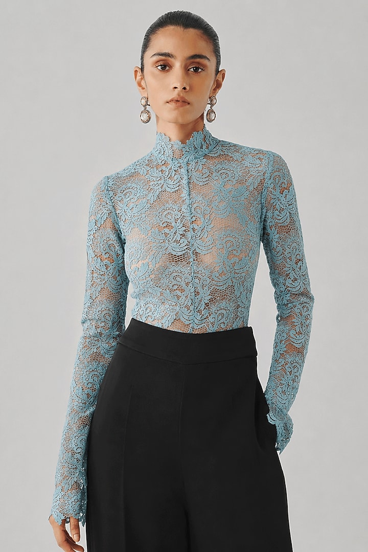 Sky Blue Lace Cutwork Bodysuit by Aroka at Pernia's Pop Up Shop