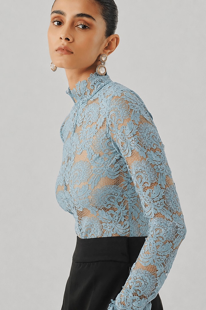 Sky Blue Lace Cutwork Bodysuit by Aroka at Pernia's Pop Up Shop