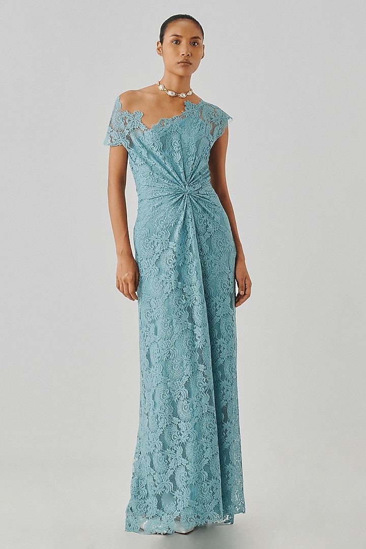 Sky Blue Lace & Modal Satin Cutwork Cocktail Dress by Aroka at Pernia's Pop Up Shop