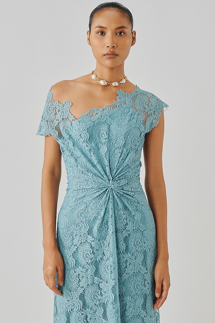 Sky Blue Lace & Modal Satin Cutwork Cocktail Dress by Aroka at Pernia's Pop Up Shop