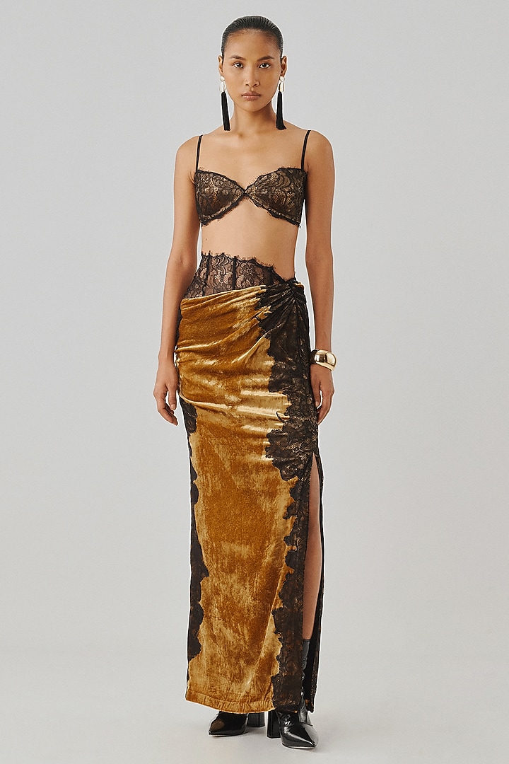 Gold Velvet & Chantilly Lace Cutwork Cowl Draped Skirt Set by Aroka at Pernia's Pop Up Shop