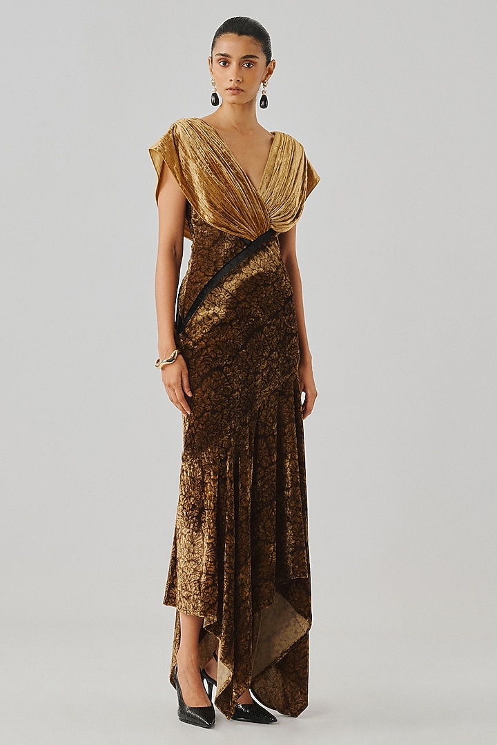 Gold Velvet Ajrakh Printed High-Low Engagement Gown by Aroka at Pernia's Pop Up Shop