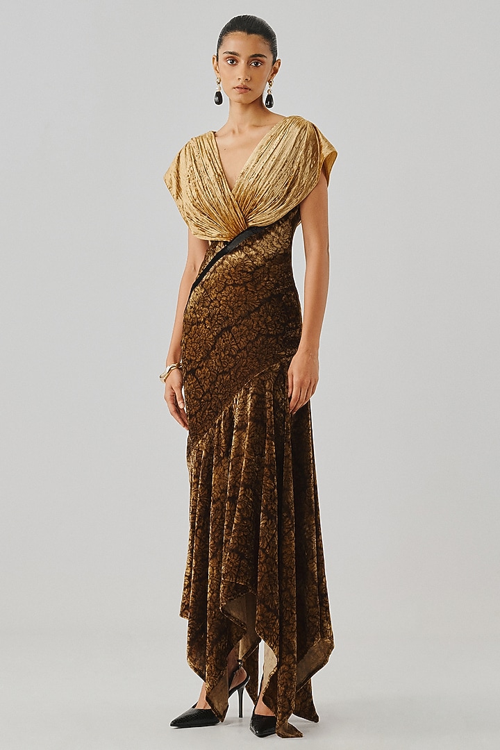 Gold Velvet Ajrakh Printed High-Low Engagement Gown by Aroka at Pernia's Pop Up Shop