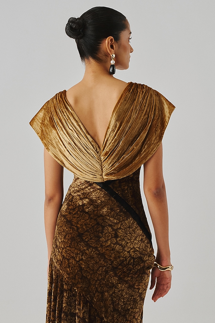 Gold Velvet Ajrakh Printed High-Low Engagement Gown by Aroka at Pernia's Pop Up Shop